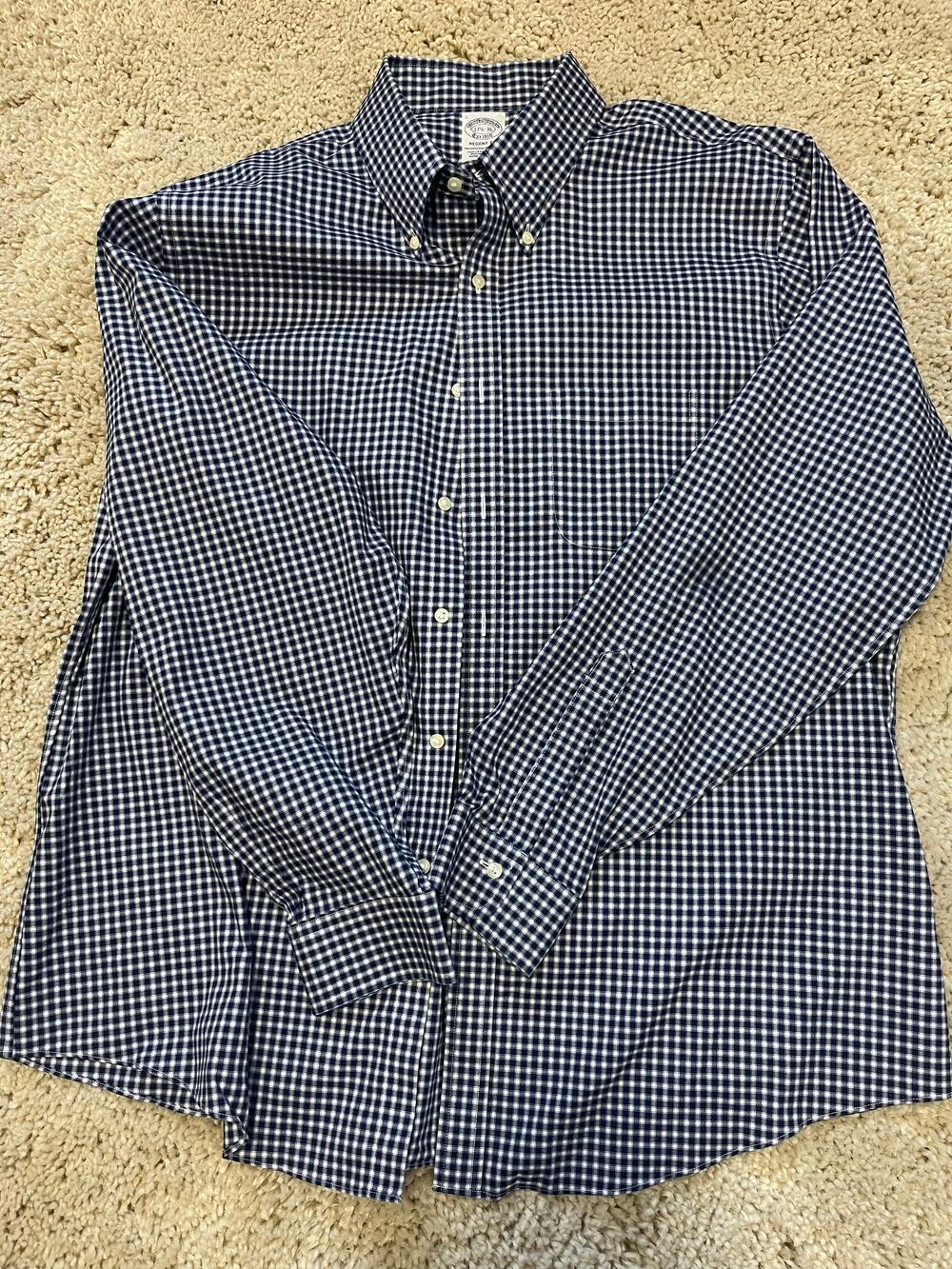 Brooks Brothers navy and white gingham check long sleeve button-up shirt, size 1